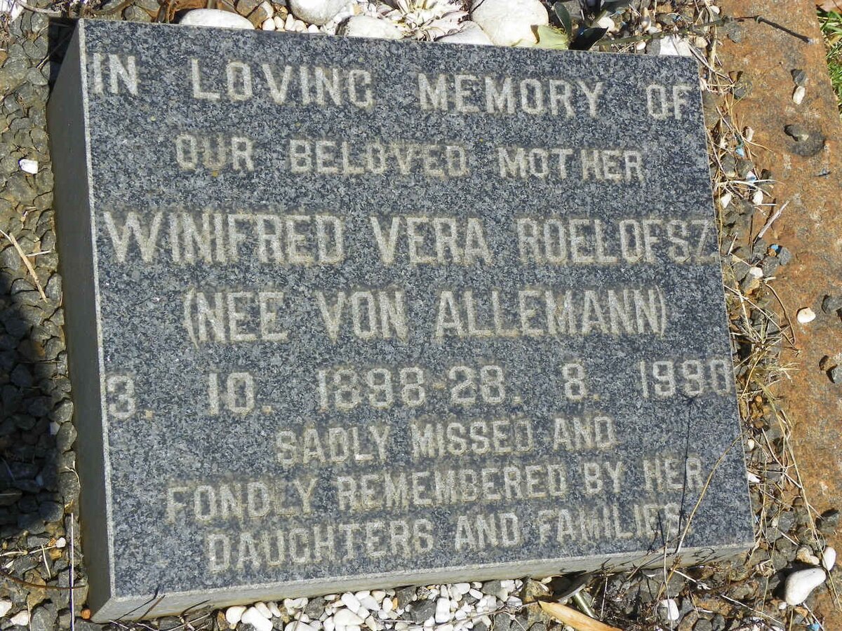 ROELOFSZ Winifred Vera nee VON ALLEMANN 1898-1990