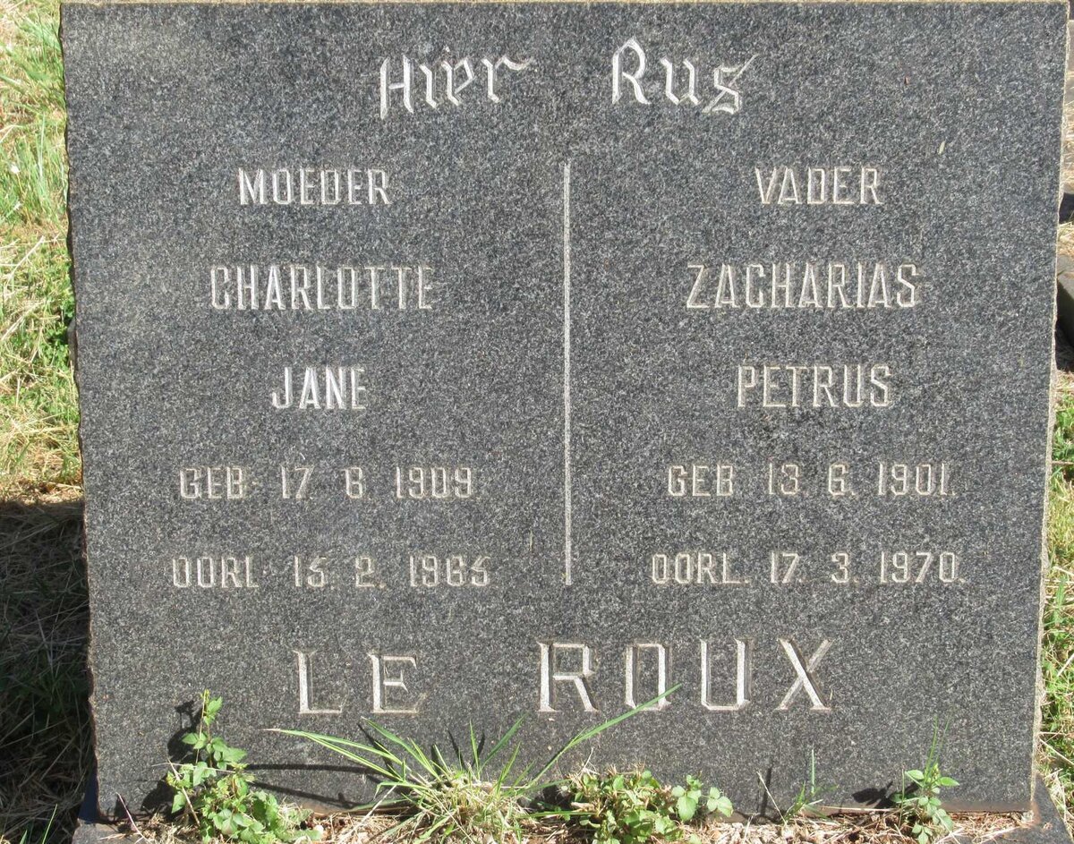ROUX Zacharias Petrus, le 1901-1970 &amp; Charlotte Jane 1909-1965
