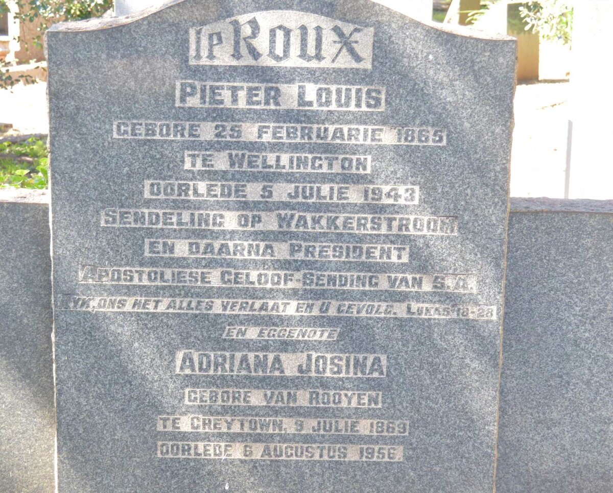 ROUX Pieter Louis, le 1865-1943 &amp; Adriana Josina VAN ROOYEN 1869-1956