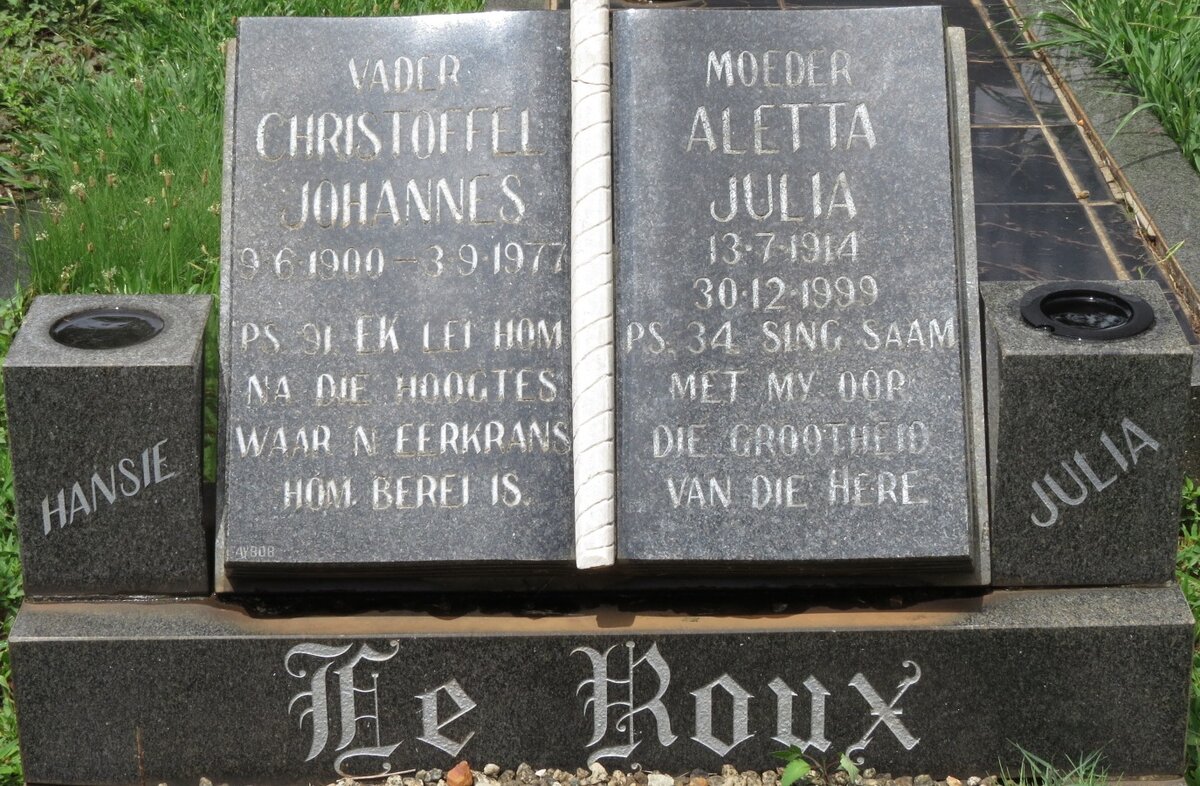 ROUX Christoffel Johannes, le 1900-1977 &amp; Aletta Julia 1914-1999