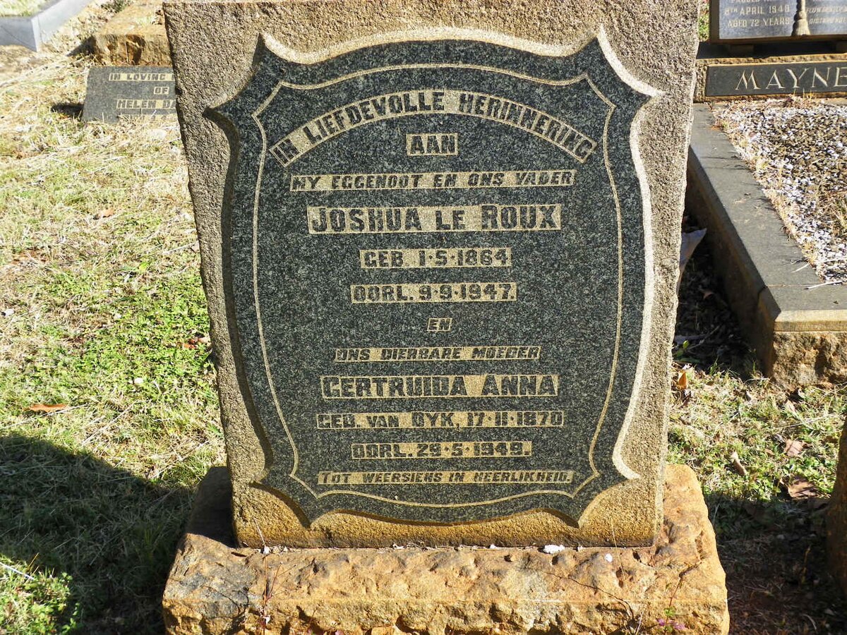 ROUX Joshua, le 1864-1947 &amp; Gertruida Anna VAN DYK 1870-1949