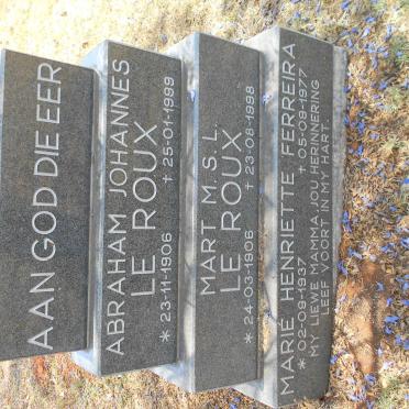 ROUX Abraham Johannes, le 1906-1999 &amp; Mart M.S.L. 1906-1998 :: FERREIRA Marié Henriette 1937-1977