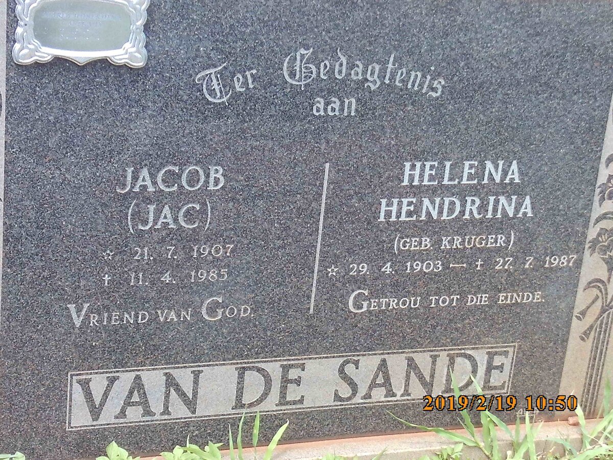 SANDE Jacob, van de 1907-1985 &amp; Helena Hendrina KRUGER 1903-1987