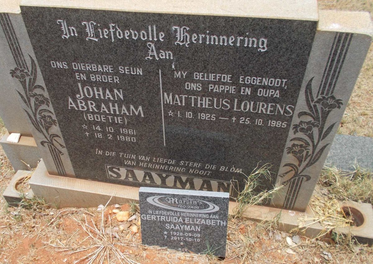 SAAYMAN Mattheus Lourens 1925-1985 &amp; Gertruida Elizabeth 1928-2017 :: SAAYMAN Johan Abraham 1961-1980