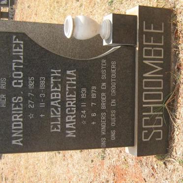 SCHOOMBEE Andries Gotlief 1925-1983 &amp; Elizabeth Margrietha 1931-1979