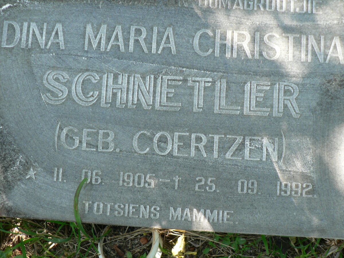 SCHNETLER Dina Maria Christina nee COERTZEN 1905-1992