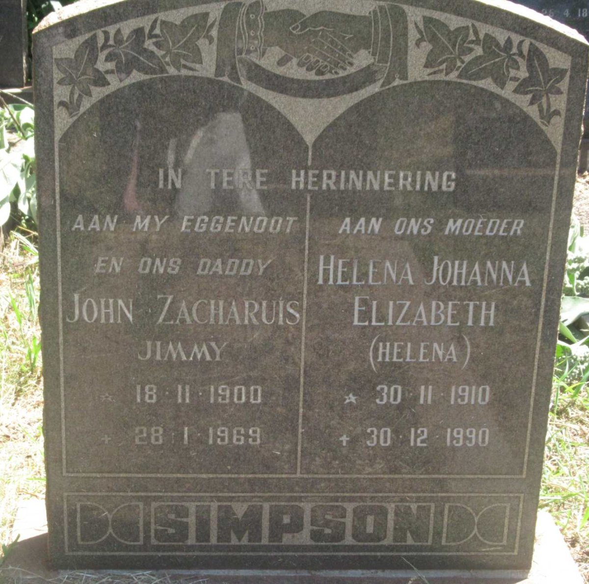 SIMPSON John Zacharuis 1900-1969 &amp; Helena Johanna Elizabeth 1910-1990