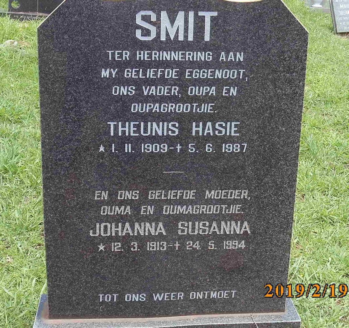 SMIT Theunis Hasie 1909-1987 &amp; Johanna Susanna 1913-1994
