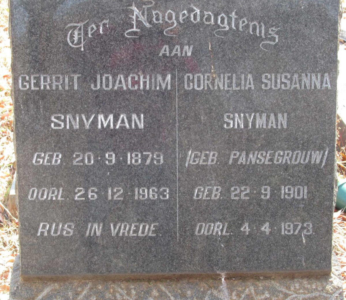 SNYMAN Gerrit Joachim 1879-1963 &amp; Cornelia Susanna PANSEGROUW 1901-1973