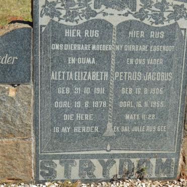 STRYDOM Petrus Jacobus 1905-1965 &amp; Aletta Elizabeth 1911-1978