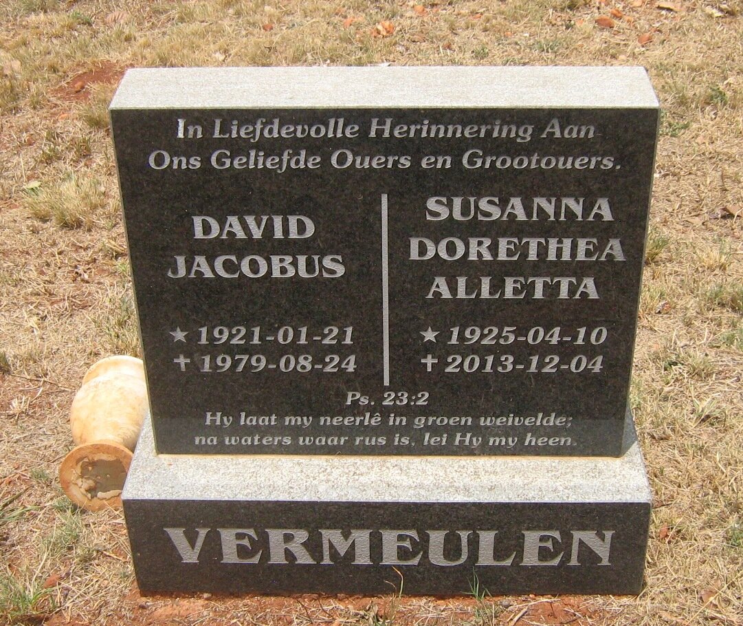 VERMEULEN David Jacobus 1921-1979 &amp; Susanna Dorethea Alletta 1925-2013