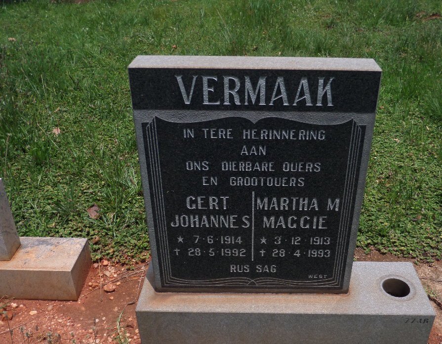 VERMAAK Gert Johannes 1914-1992 &amp; Martha M. 1913-1993
