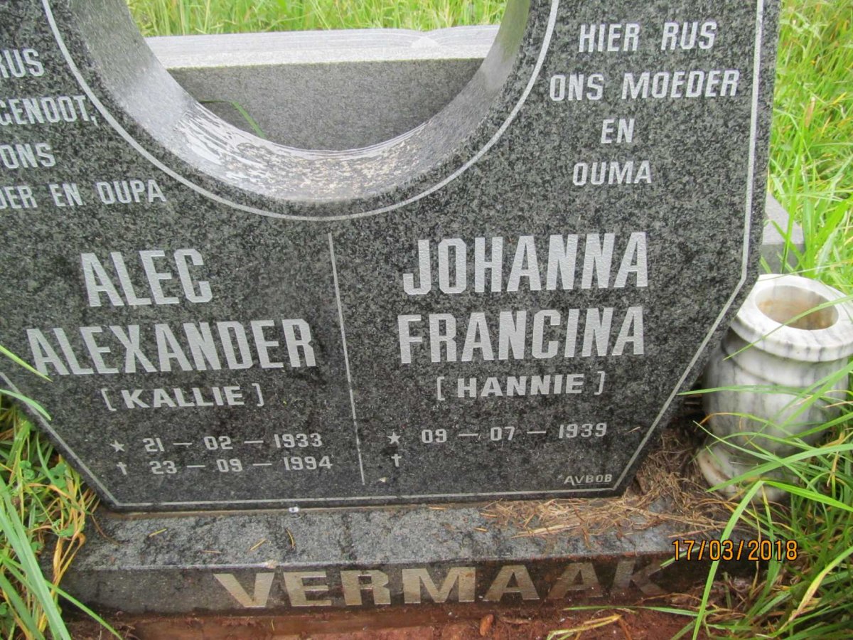 VERMAAK Alec Alexander 1933-1994 &amp; Johanna Francina 1939-