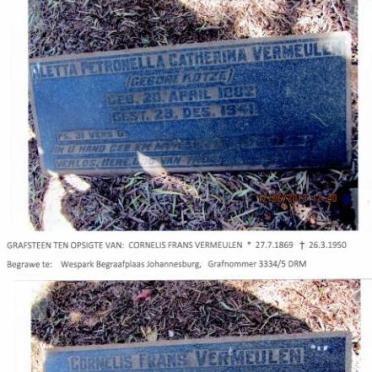 VERMEULEN Cornelis Frans 1869-1950 &amp; Aletta Petronella Catherina KOTZE 1882-1941