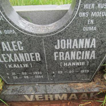 VERMAAK Alec Alexander 1933-1994 &amp; Johanna Francina 1939-