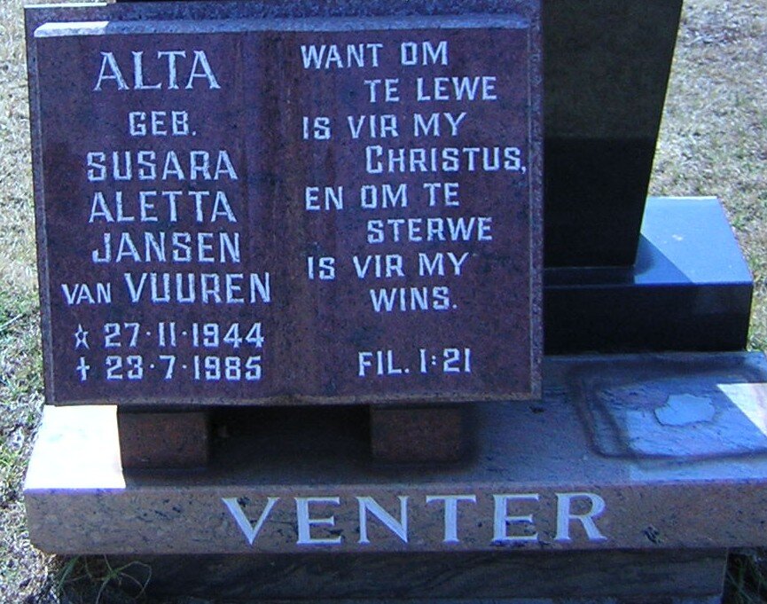 VENTER Susara Aletta nee Jansen van VUUREN 1944-1985