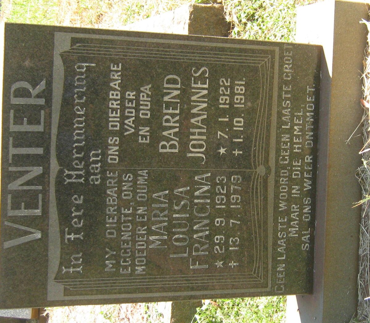 VENTER Barend Johannes 1922-1981 &amp; Maria Louisa Francina 1923-1979