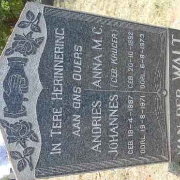 WALT Andries Johannes, van der 1887-1971 &amp; Anna M.C. KRUGER 1892-1973