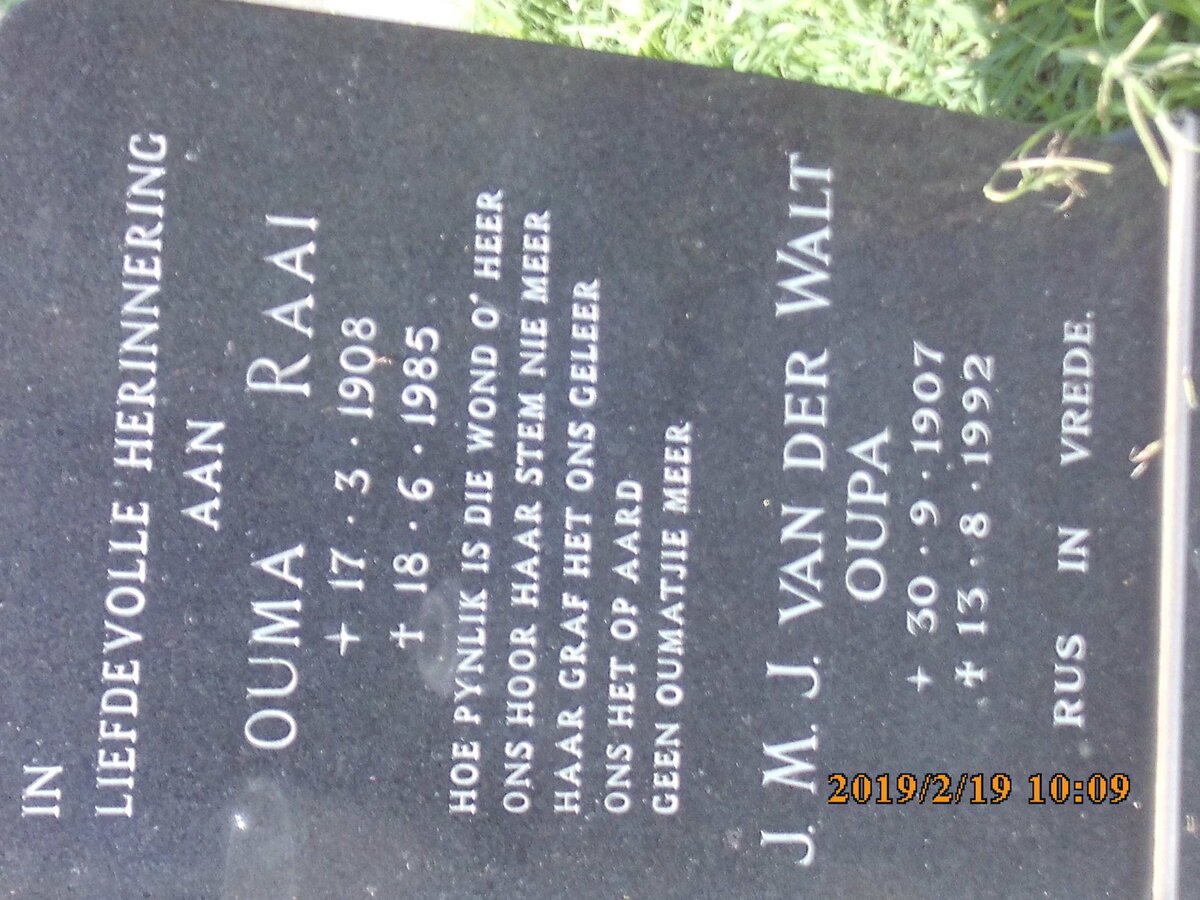 WALT J.M.J., van der 1907-1992 &amp; Raai 1908-1985