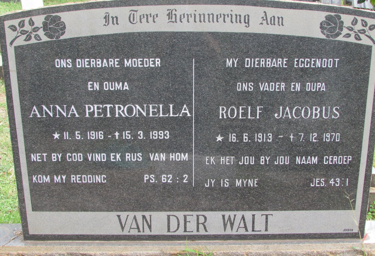 WALT Roelf Jacobus, van der 1913-1970 &amp; Anna Petronella 1916-1993