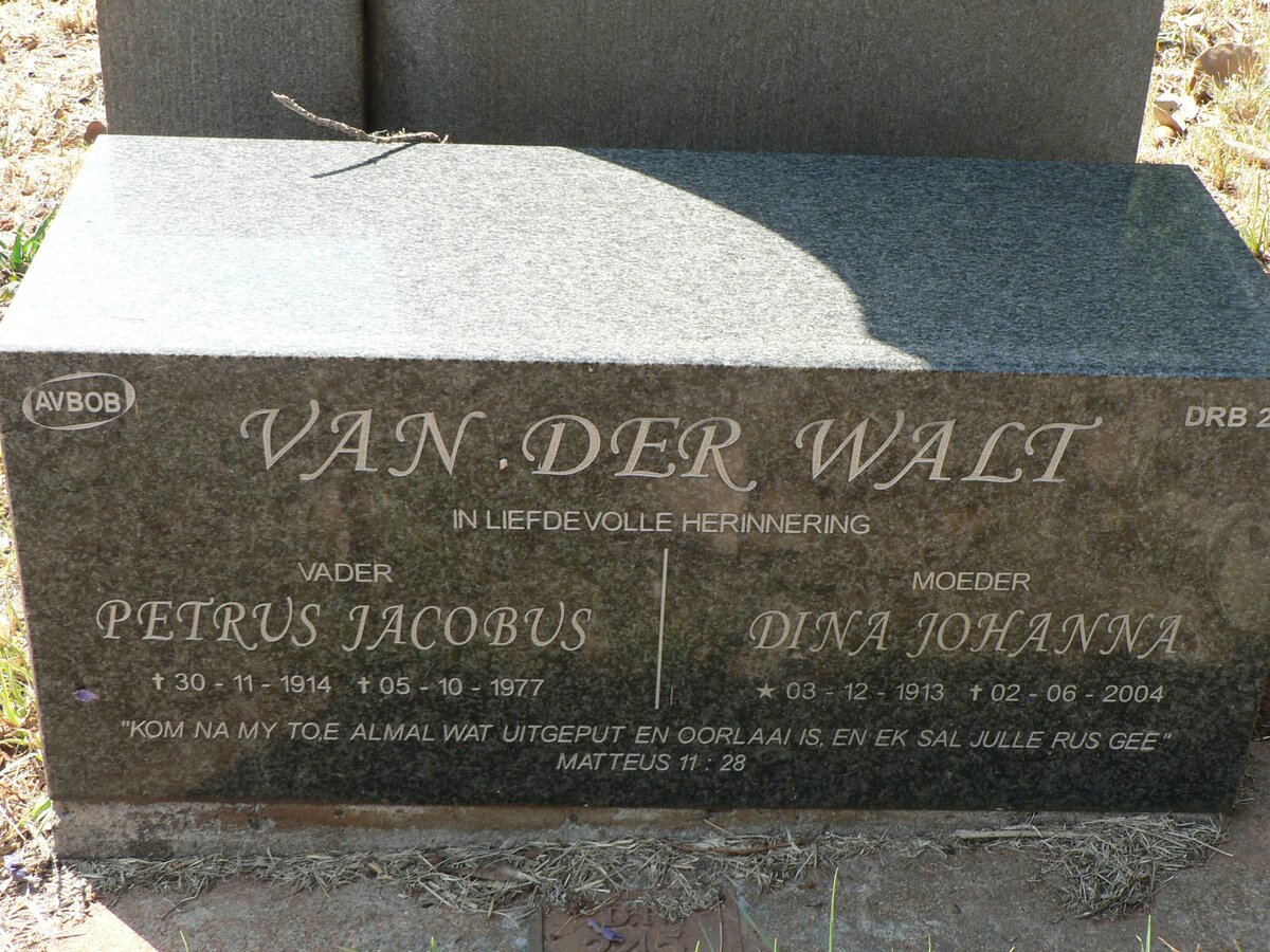 WALT Petrus Jacobus, van der 1914-1977 &amp; Dina Johanna 1913-2004