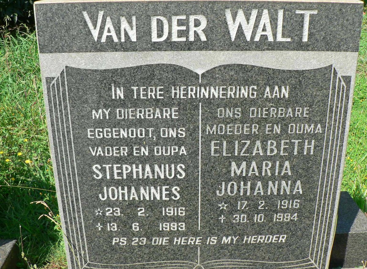 WALT Stephanus Johannes, van der 1916-1993 &amp; Elizabeth Maria Johanna 1916-1984