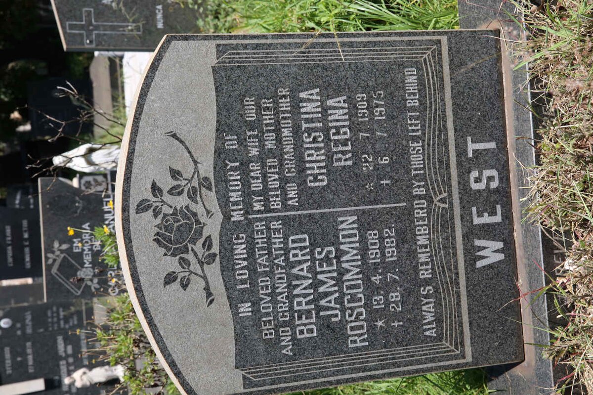 WEST Bernard James Roscommon 1908-1982 &amp; Christina Regina 1909-1975