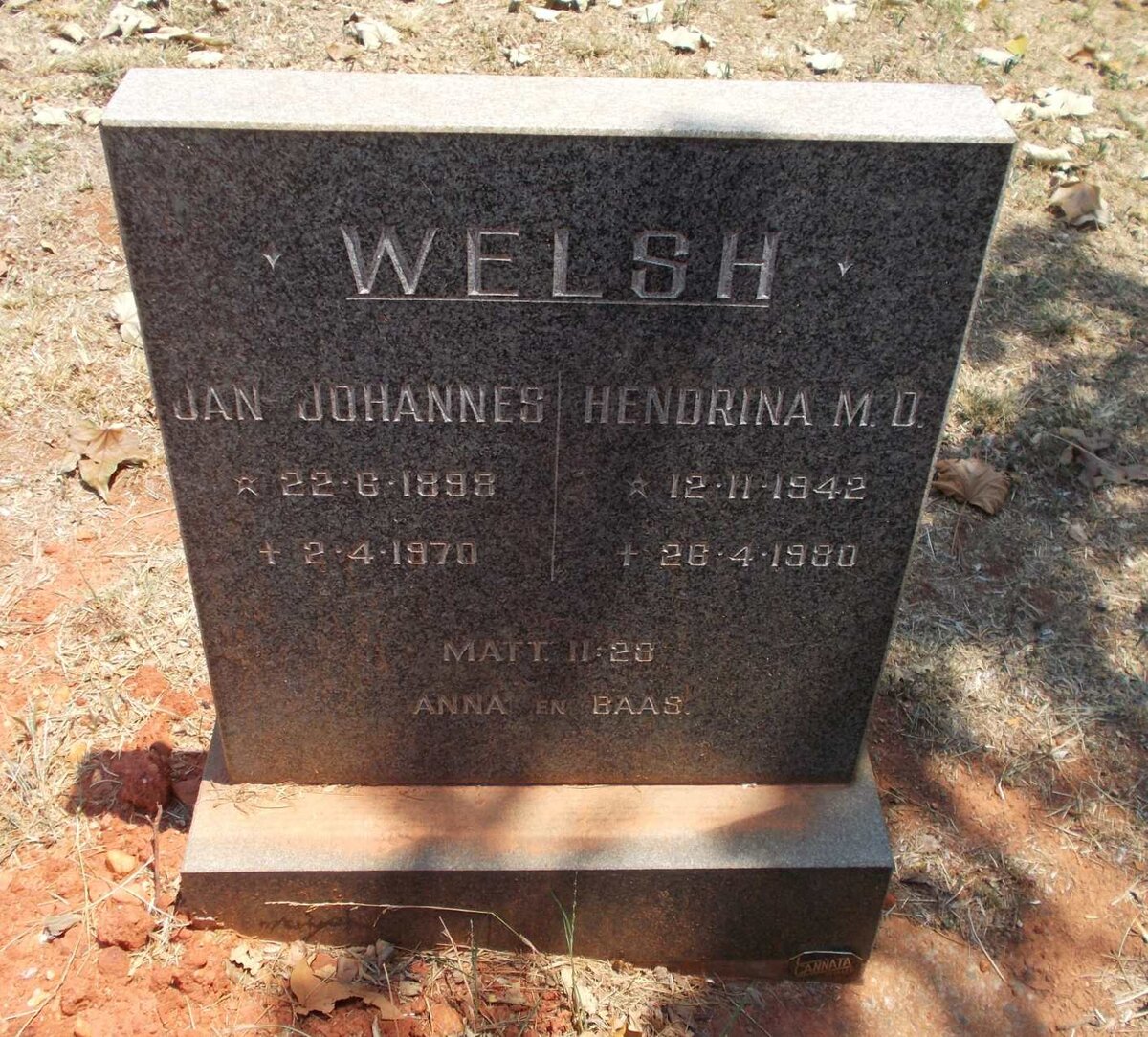 WELSH Jan Johannes 1899-1970 &amp; Hendrina M.D. 1942-1980