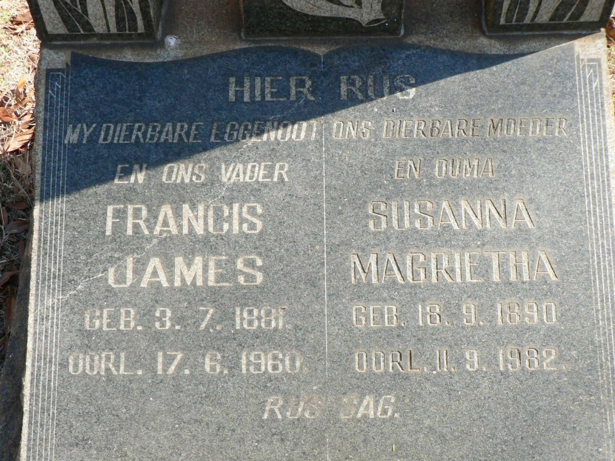 TERBLANCHE Francis James 1881-1960 &amp; Susanna Magrietha 1890-1982