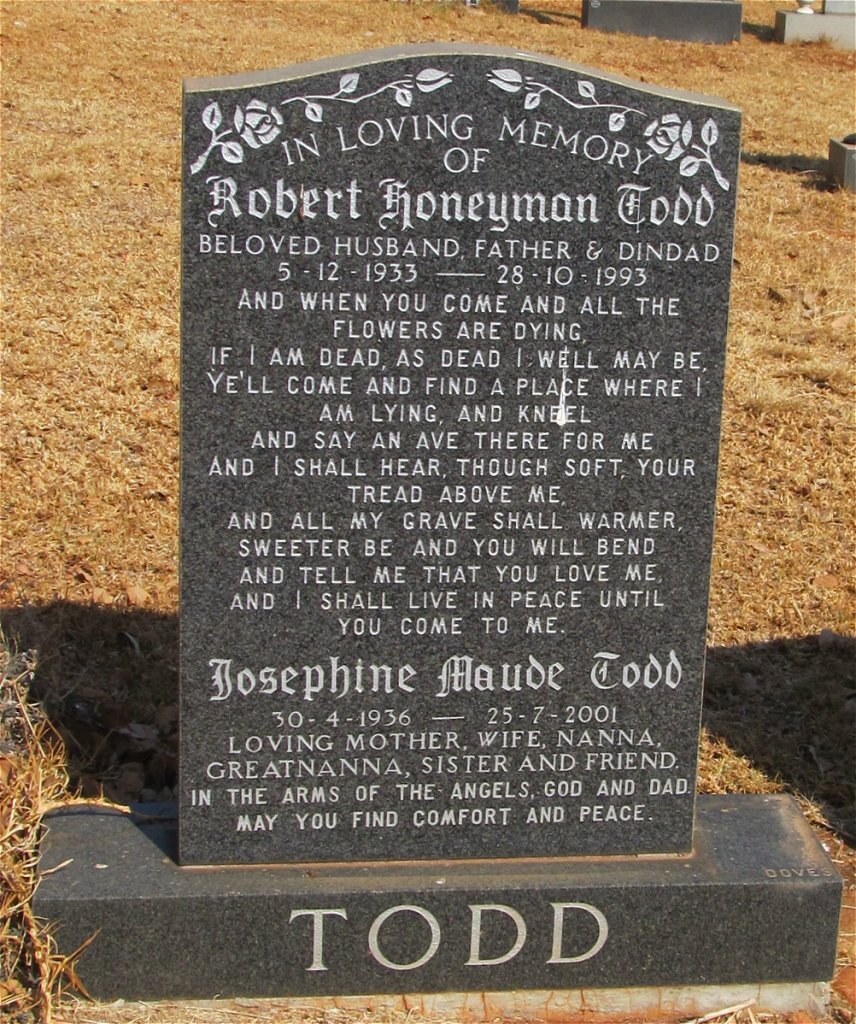 TODD Robert Honeyman 1933-1993 &amp; Josephine Maude 1936-2001