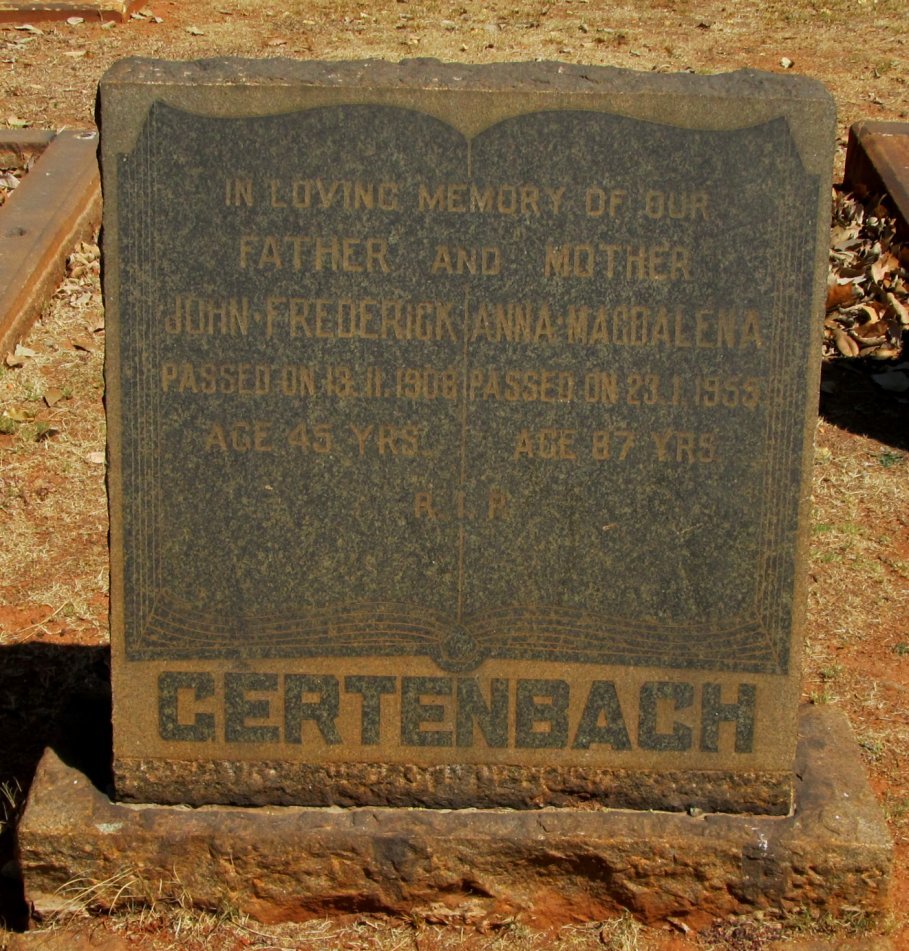 GERTENBACH John Frederick -1908 &amp; Anna Magdalena -1959 