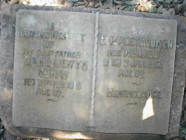 HUMAN Jan Lodewyk 1928-1915 &amp; Elizabeth MULDER 1839-1901