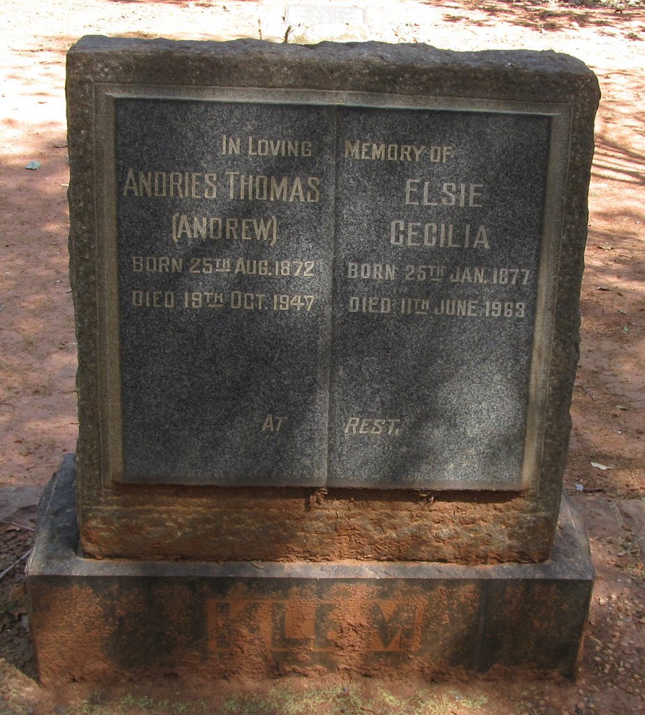 KLEM Andries Thomas 1872-1947 &amp; Elsie Cecilia 1877-1963