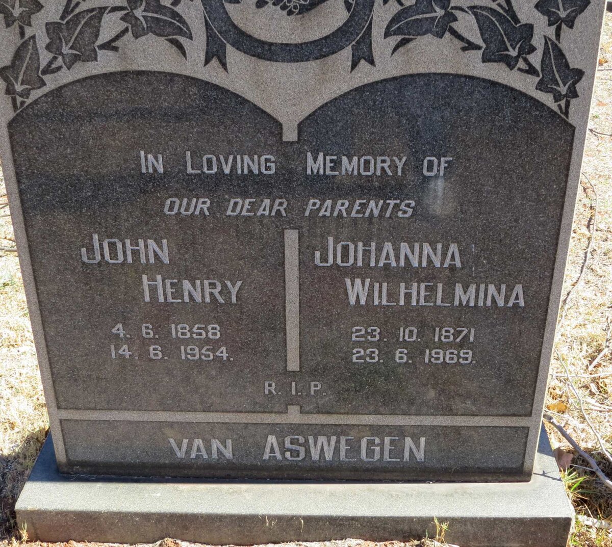 ASWEGEN John Henry, van 1858-1954 &amp; Johanna Wilhelmina 1871-1969