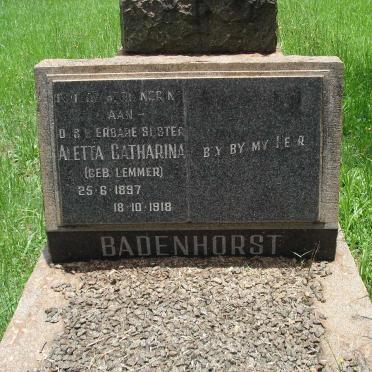 BADENHORST Aletta Catharina nee LEMMER 1897-1918