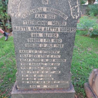 BURGERS Magtel Maria Aletta nee OLIVIER 1853-1925