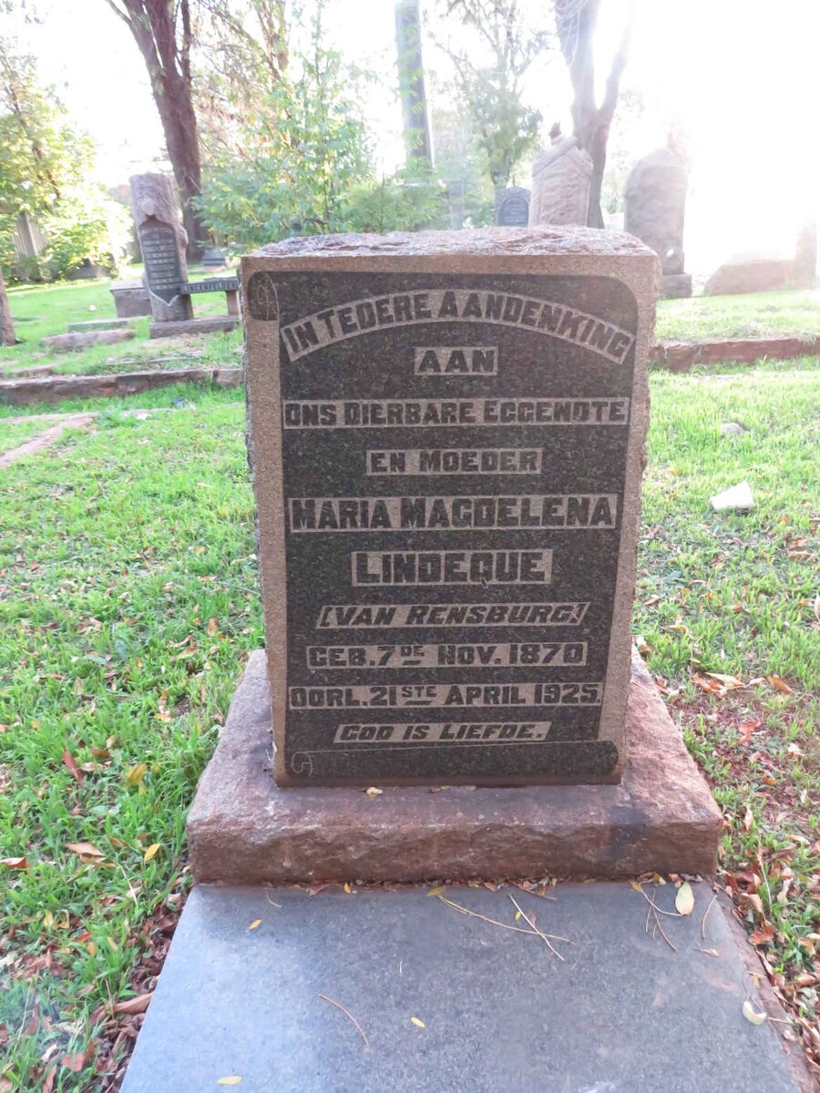 LINDEQUE Maria Magdalena nee VAN RENSBURG 1870-1925