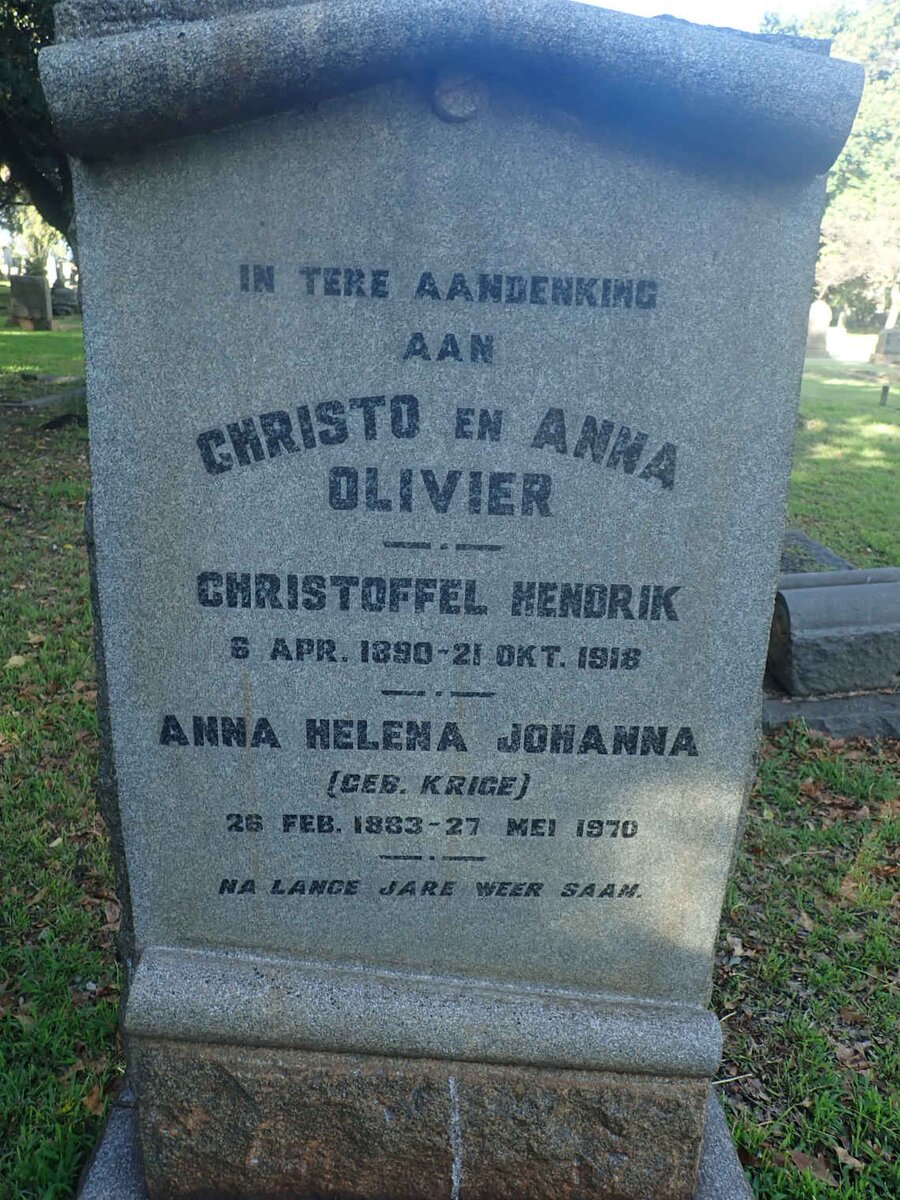 OLIVIER Christoffel Hendrik 1890-1918 &amp; Anna Helena Johanna KRIGE 1883-1970