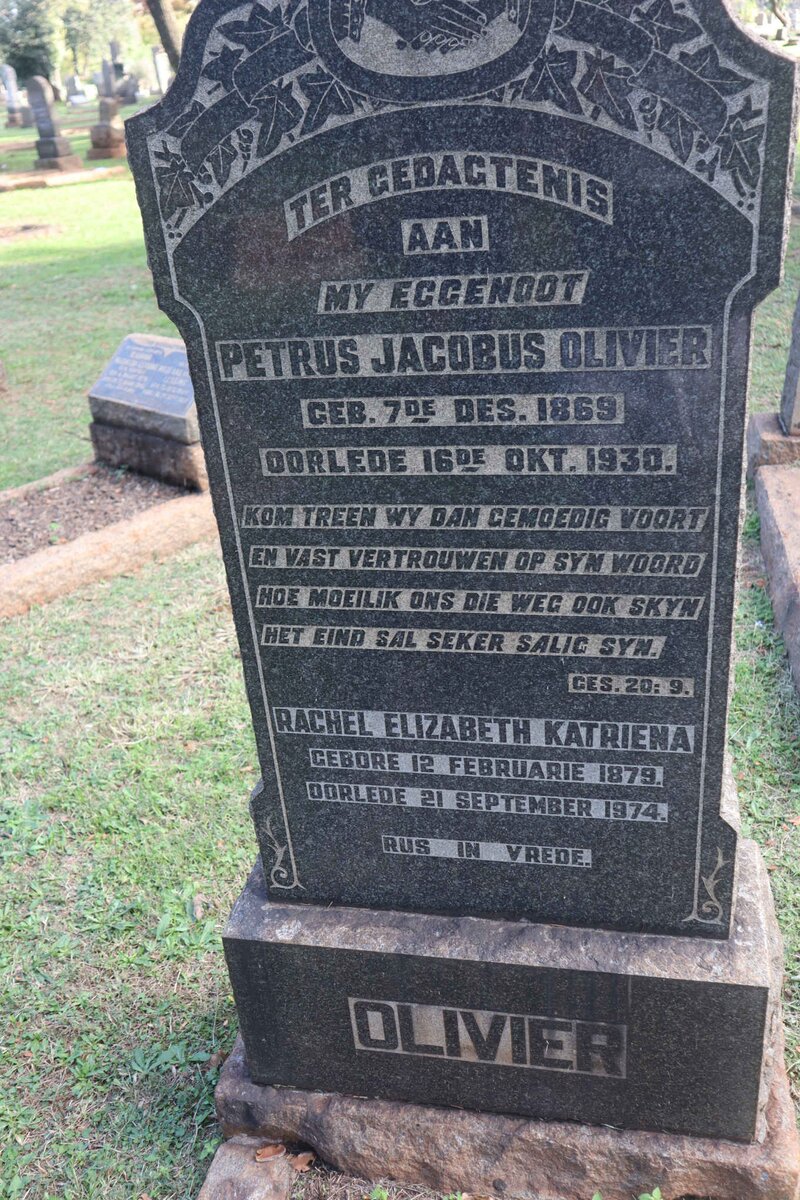 OLIVIER Petrus Jacobus 1869-1930 &amp; Rachel Elizabeth Kariena 1879-1974