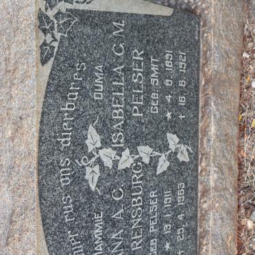 PELSER Isabella C.M. nee SMIT 1891-1921 :: VAN RENSBURG Anna A.C. nee PELSER 1911-1963