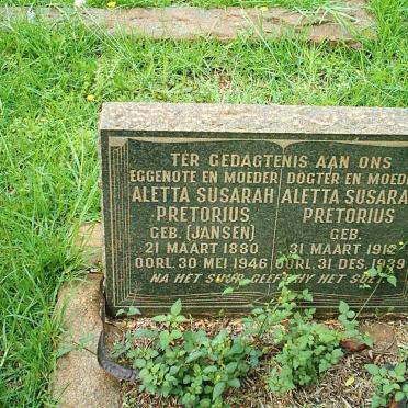 PRETORIUS Aletta Susarah nee JANSEN 1880 -1946 :: PRETORIUS Aletta Susarah 1912-1939