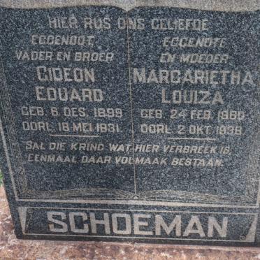 SCHOEMAN Margarietha Louiza 18?0-1938 :: SCHOEMAN Gideon Eduard 1898-1931