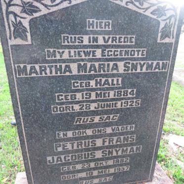 SNYMAN Petrus Frans Jacobus 1882-1957 &amp; Martha Maria HALL 1884-1925