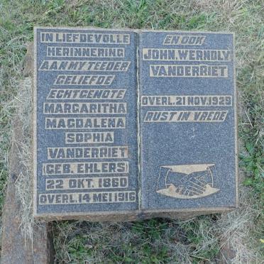 VANDERRIET John Werndly -1929 &amp; Margaritha Magdalena Sophia EHLERS 1860-1916