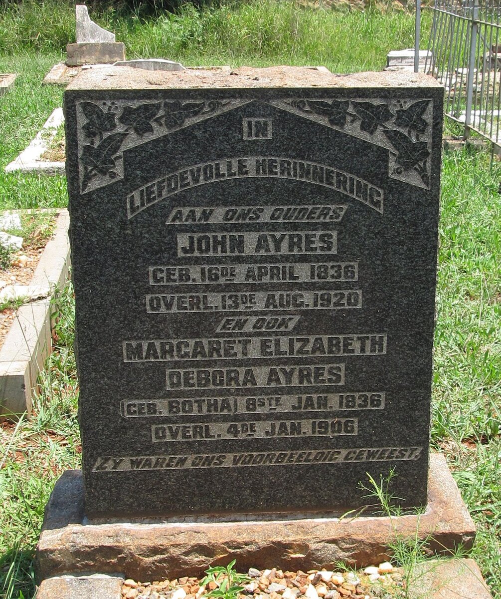 AYRES John 1836-1920 &amp; Margaret Elizabeth Debora BOTHA 1836-1906