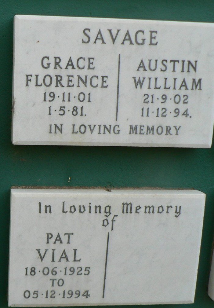 SAVAGE Austin William 1902-1994 &amp; Grace Florence 1901-1981 :: VIAL Pat 1925-1994