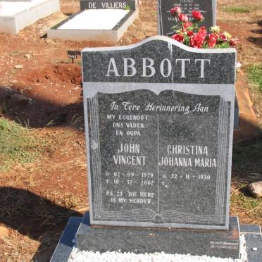 ABBOTT Johan Vincent 1929-2002 &amp; Christina Johanna Maria 1930-