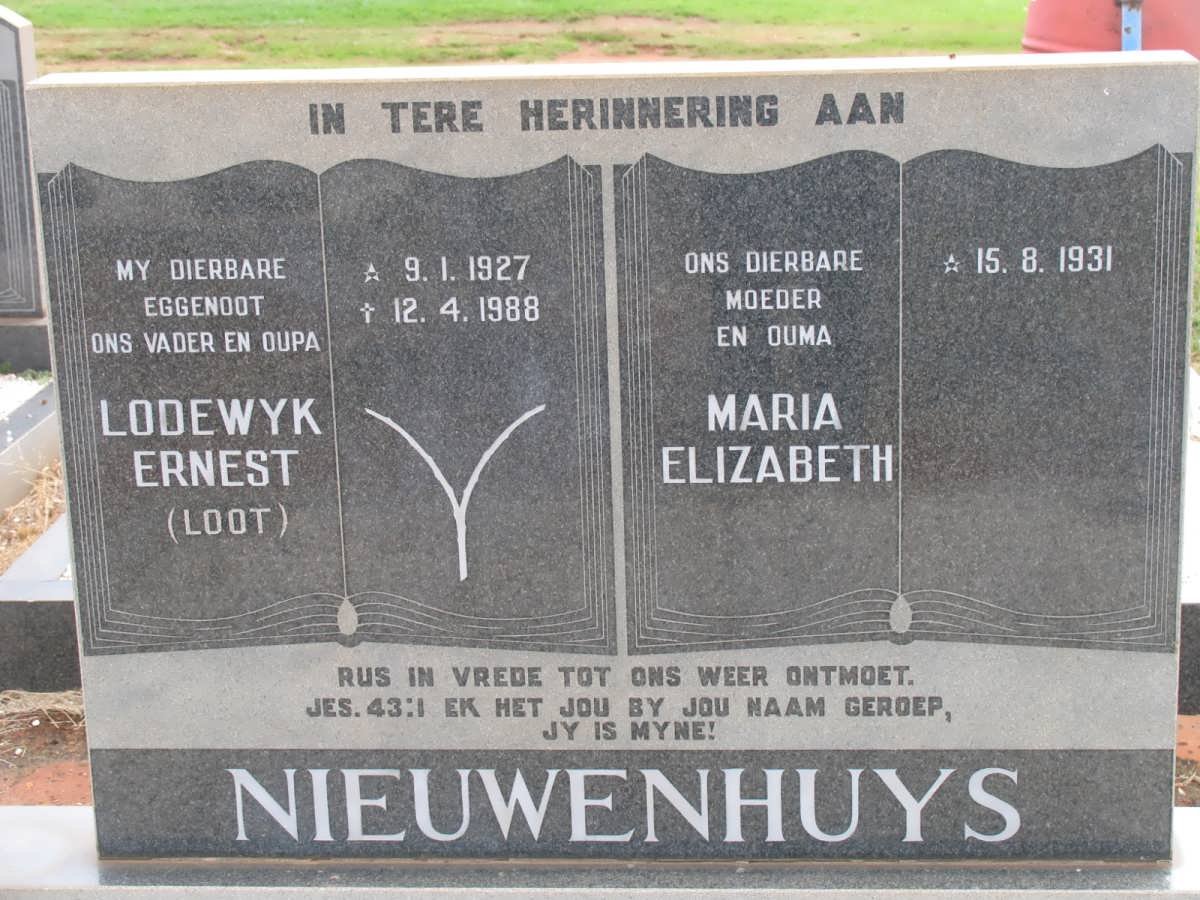 NIEUWENHUYS Lodewyk Ernest 1927-1988 &amp; Maria Elizabeth 1931-