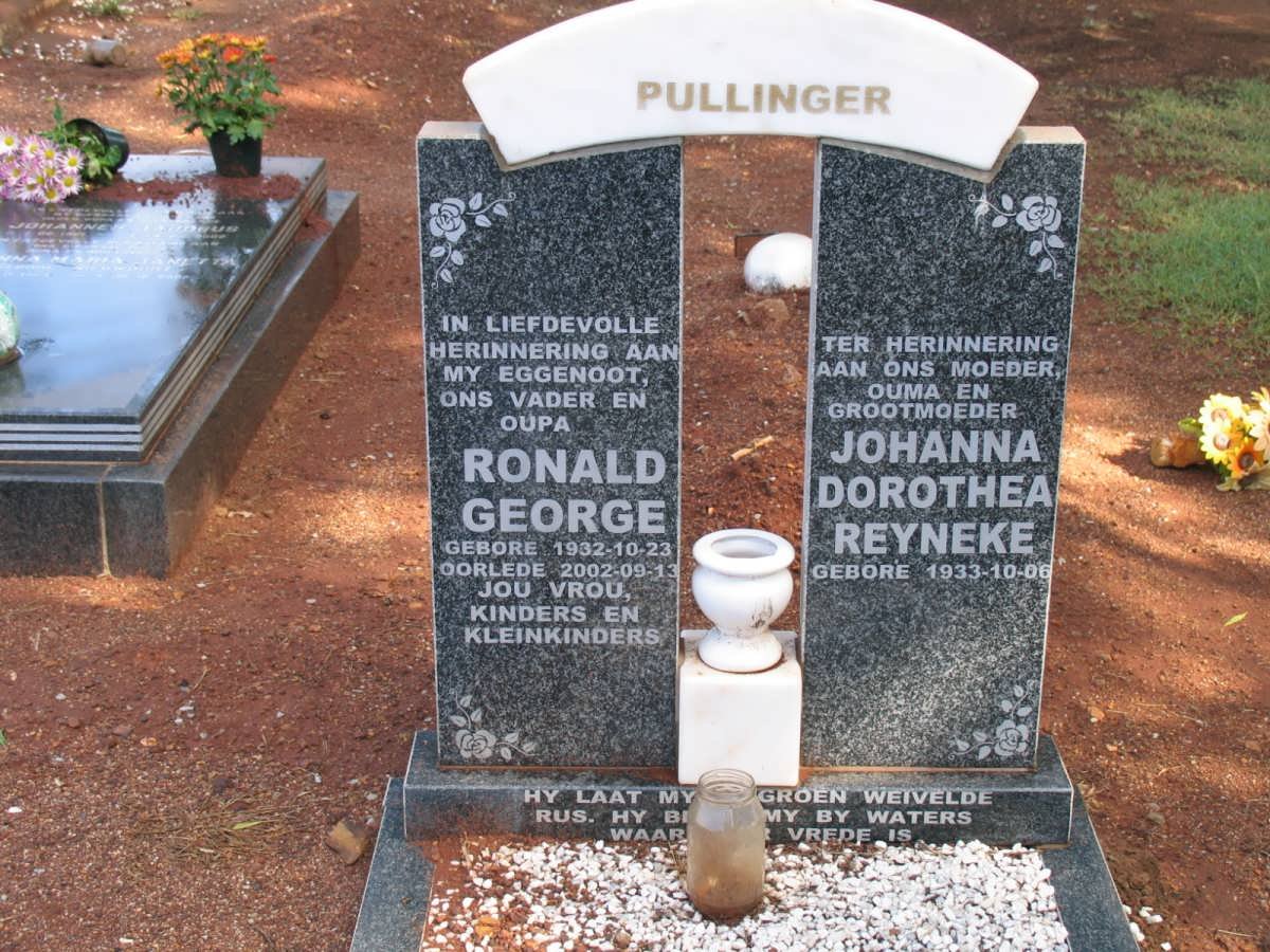 PULLINGER Ronald George 1932-2002 &amp; Johanna Dorothea REYNEKE 1933-