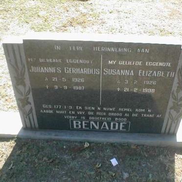 BENADE Johannes Gerhardus 1926-1987 &amp; Susanna Elizabeth 1926 - 1998